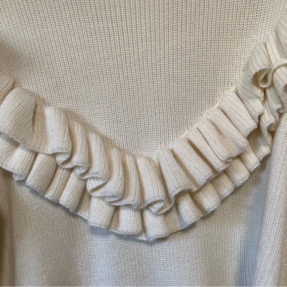 Frame Ruffle Yoke Ribbed Wool Blend Cream Knit Pullover Sweater - Picture 9 of 14